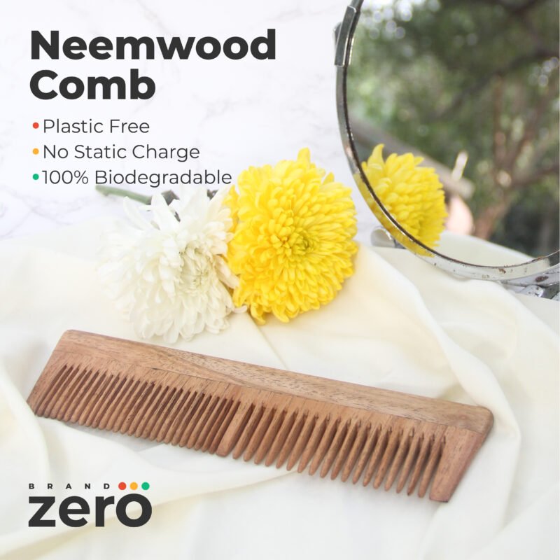 Broad Teeth Neem Wood Comb with Copper Metal Tongue Cleaner